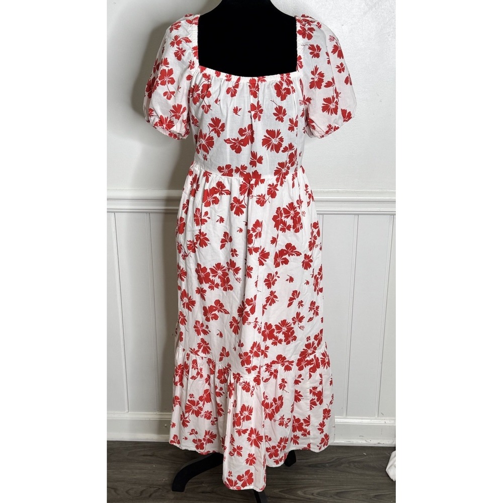 J.Crew Factory Dress‎ M White Red Hawaiian Floral Midi Tropical Pockets - Picture 3 of 8